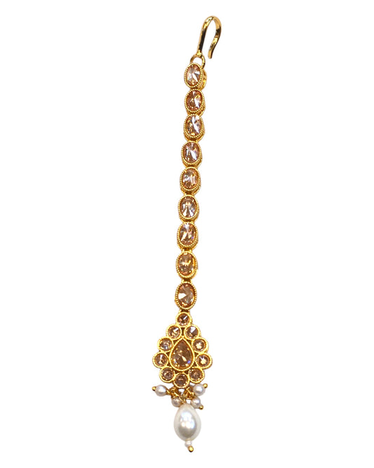 Gold / Pearl - Gold Finish Small Size Tika Head Piece - Indian Ladies Fashion Jewellery - AE2433 11Vp24