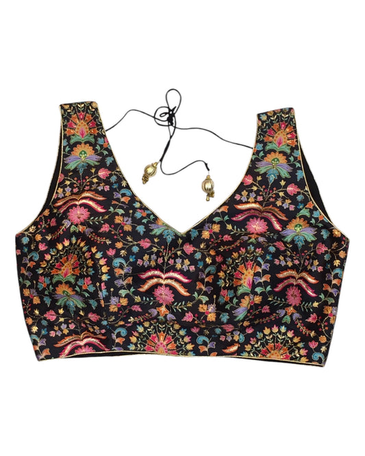 38" Bust (UK 12) Black - Silky Block Print Saree / Lehenga blouse - Can be let out to size 16 - X1199 01KV25