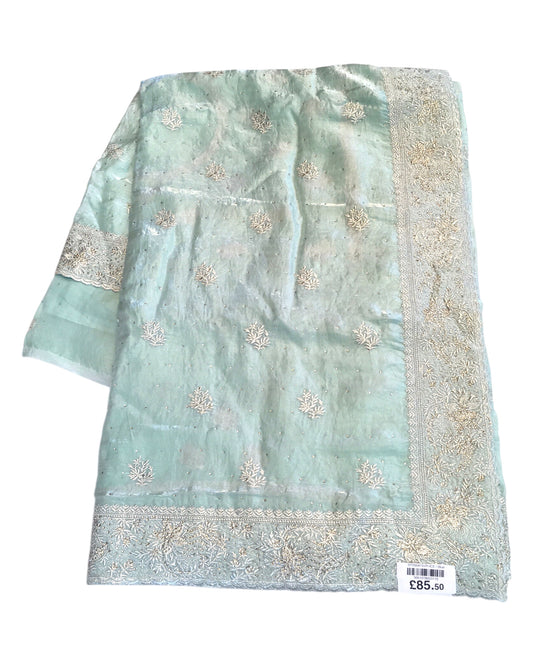 Ice Blue - Tissue Crepe - Party Wear Embroidered Saree with Blouse Piece - SP2504015 VR