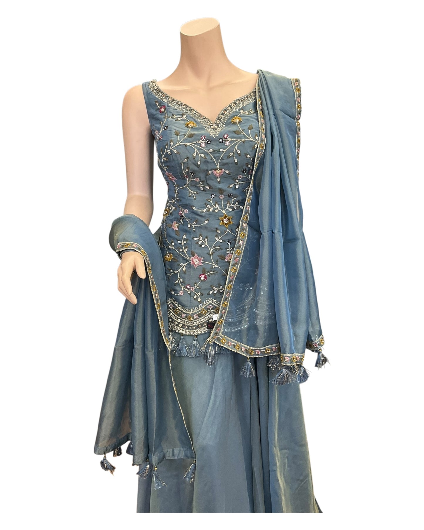 Bluish Grey - Designer Ladies Medium Top Palazzo Trousers Suit - Size 12 (38") - VMK AQUA 09AP25