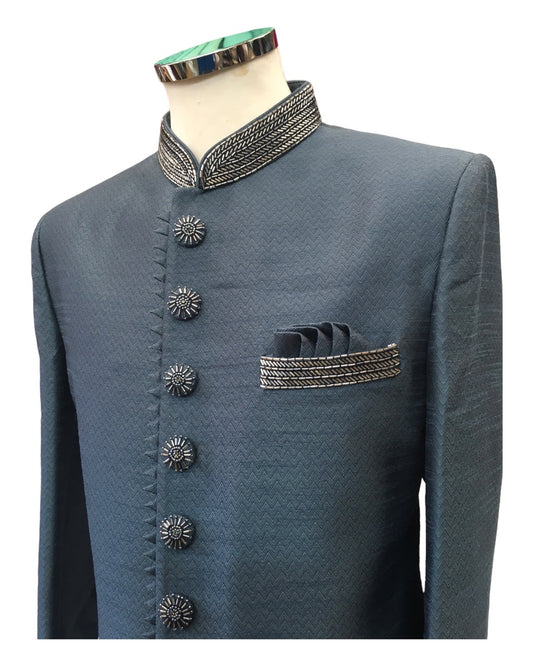 Stunning Steel Grey Self Brocade Sherwani with Trousers - BS862 PR 0823