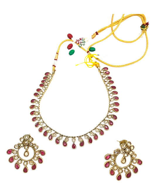 Dark Pink / Magenta - Small Size Antique Gold Finish Necklace Set with Earrings - Bollywood - AE2519 08C25