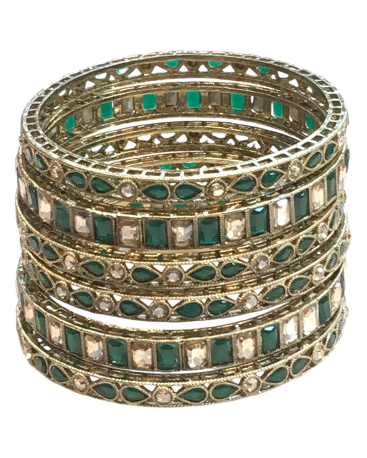 Antique Gold Finish GREEN Reverse Stone Bangles (Set of 6) - Mix N Match - SR219R