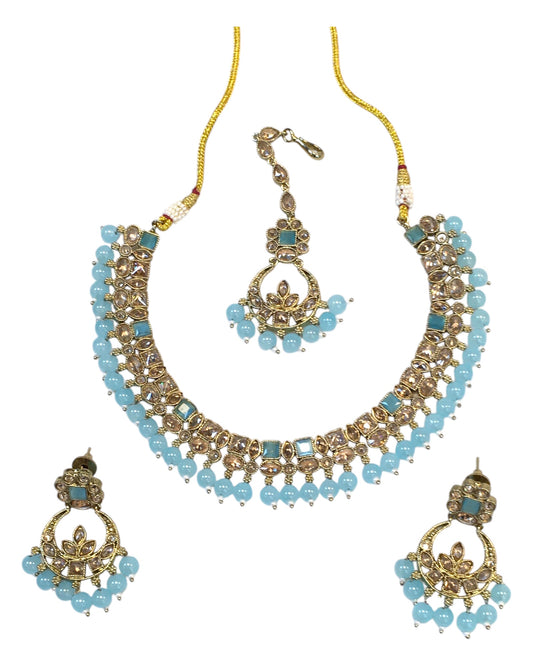 Light Blue - Antique Gold Finish Necklace & Earrings Set - Bollywood - Weddings - KAJ1039 11KK24