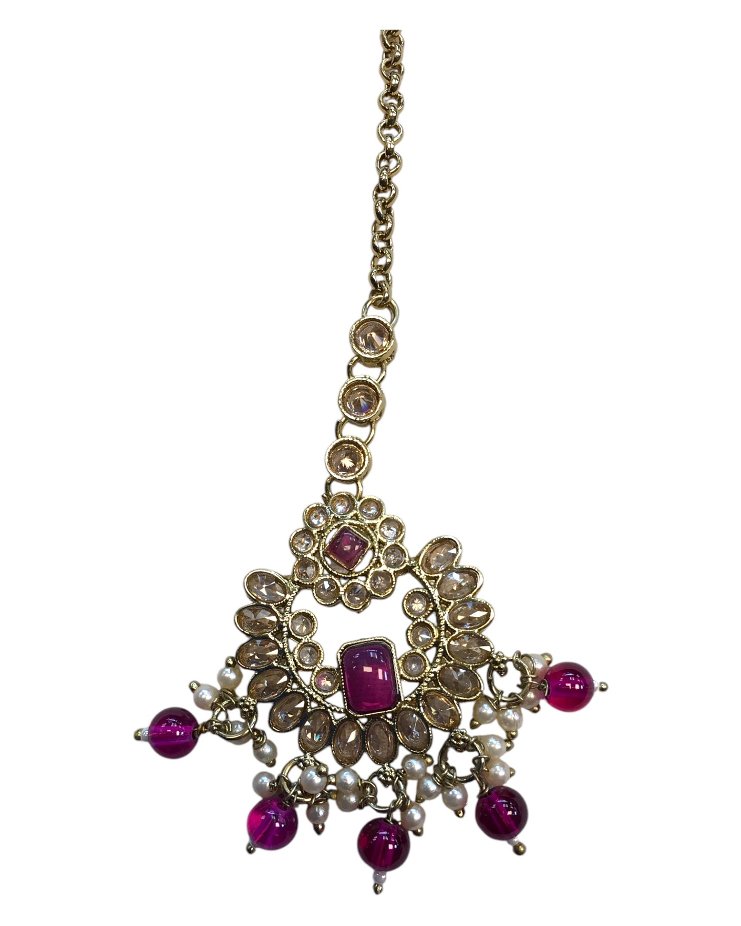 Fuchsia - Large - Antique Gold Finish Traditional Tika Head piece - Bollywood - Weddings - PRI1773 11V24