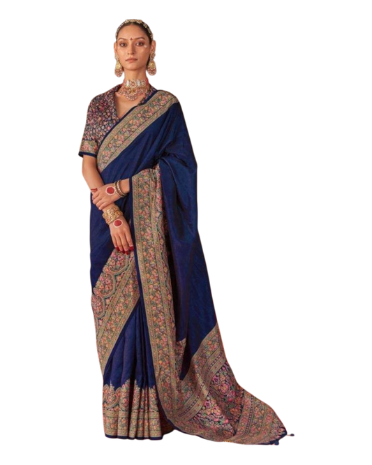 Navy Blue - Traditional Block Printed Dupion Silky Saree with Blouse Piece - UK Stock - 2/3 days Delivery 12KC25 K915