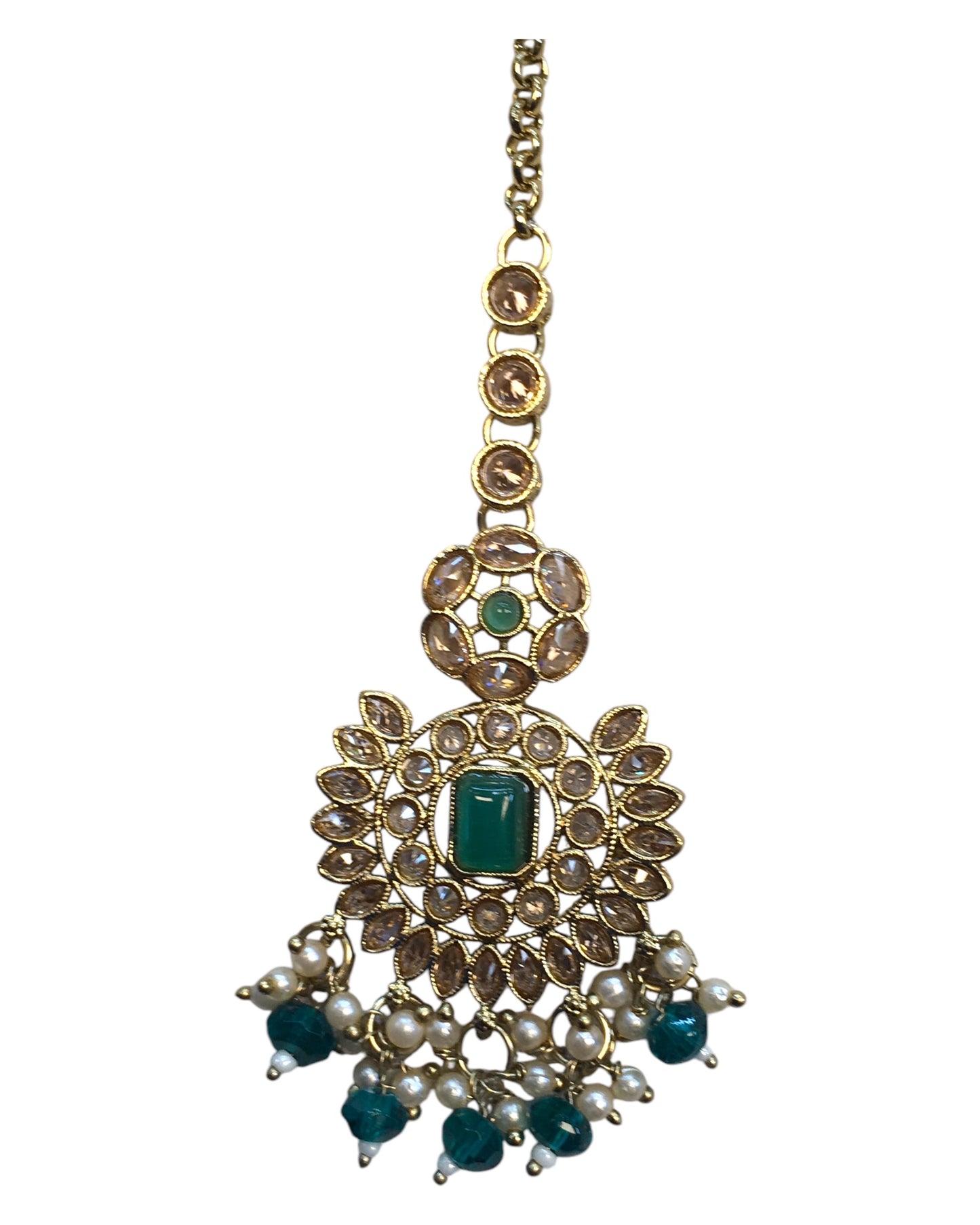 Turquoise - Large - Antique Gold Finish Traditional Tika Head piece - Bollywood - Weddings - PRI1773 11V24