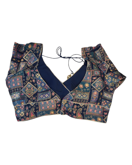 Navy Petrol Blue - Banarasi Brocade Saree / Lehenga blouse - 36" Bust (UK 10) Can be let out to size 12 - VFJ204 01KP25