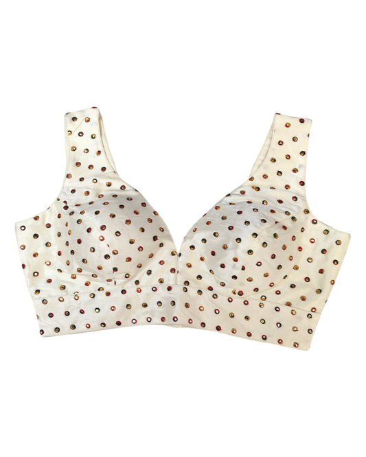 Cream / Off White - Multi Coloured Butti Saree blouse with cups, Sleeveless - 42" - UK Stock - Quick Delivery - RNK - R948-KK