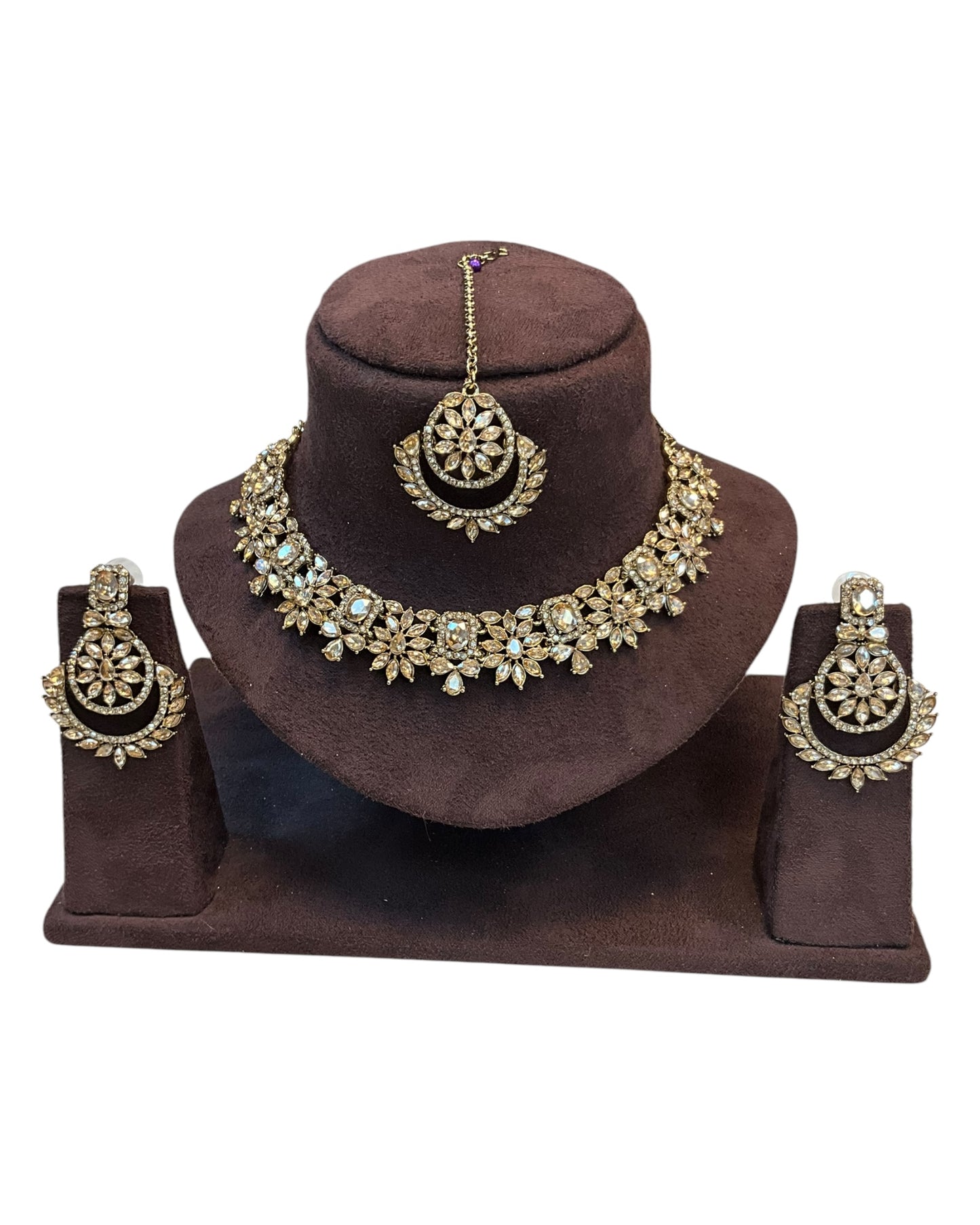 Gold / Neutral - Medium Size Antique Gold Finish Necklace Set with Earrings & Tika Head piece - JD7468 R 0525
