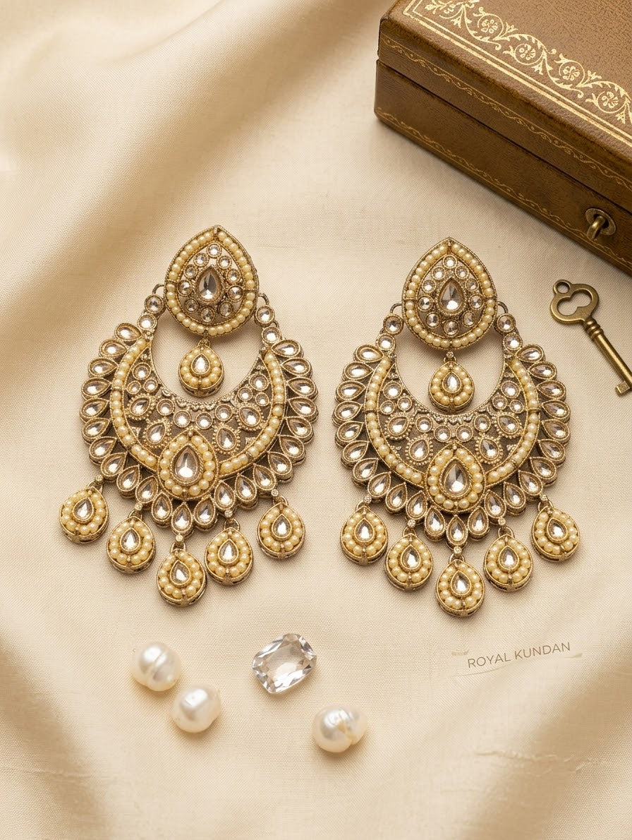 Clear Stones - Royal Teardrop Kundan & Pearl Chandbali Earrings - 6ER240 10Rp26