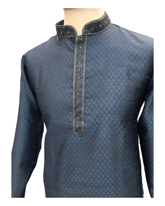 Dark Blue - Cotton Silky Self Brocade Mens Kurta Set - Sangeet Mehendi Haldi - KCS1173 KK 1123