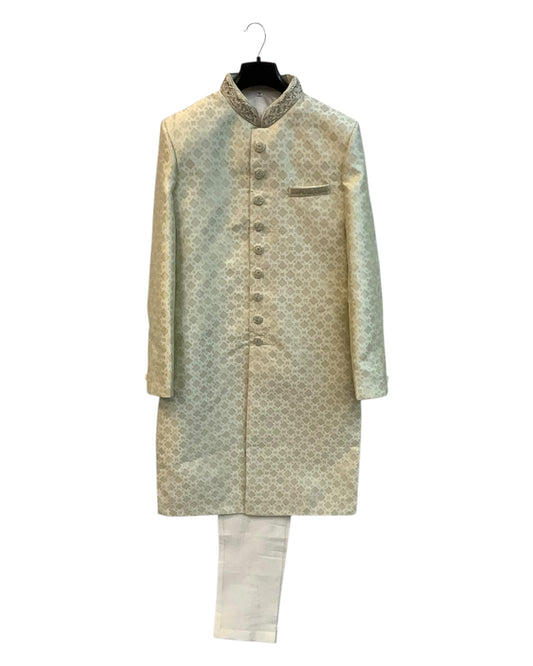 Light Gold - Hand Embroidered Banarasi Handloom Gold Brocade Sherwani with Gold Buttons - UK Stock - BS1028 08RC25