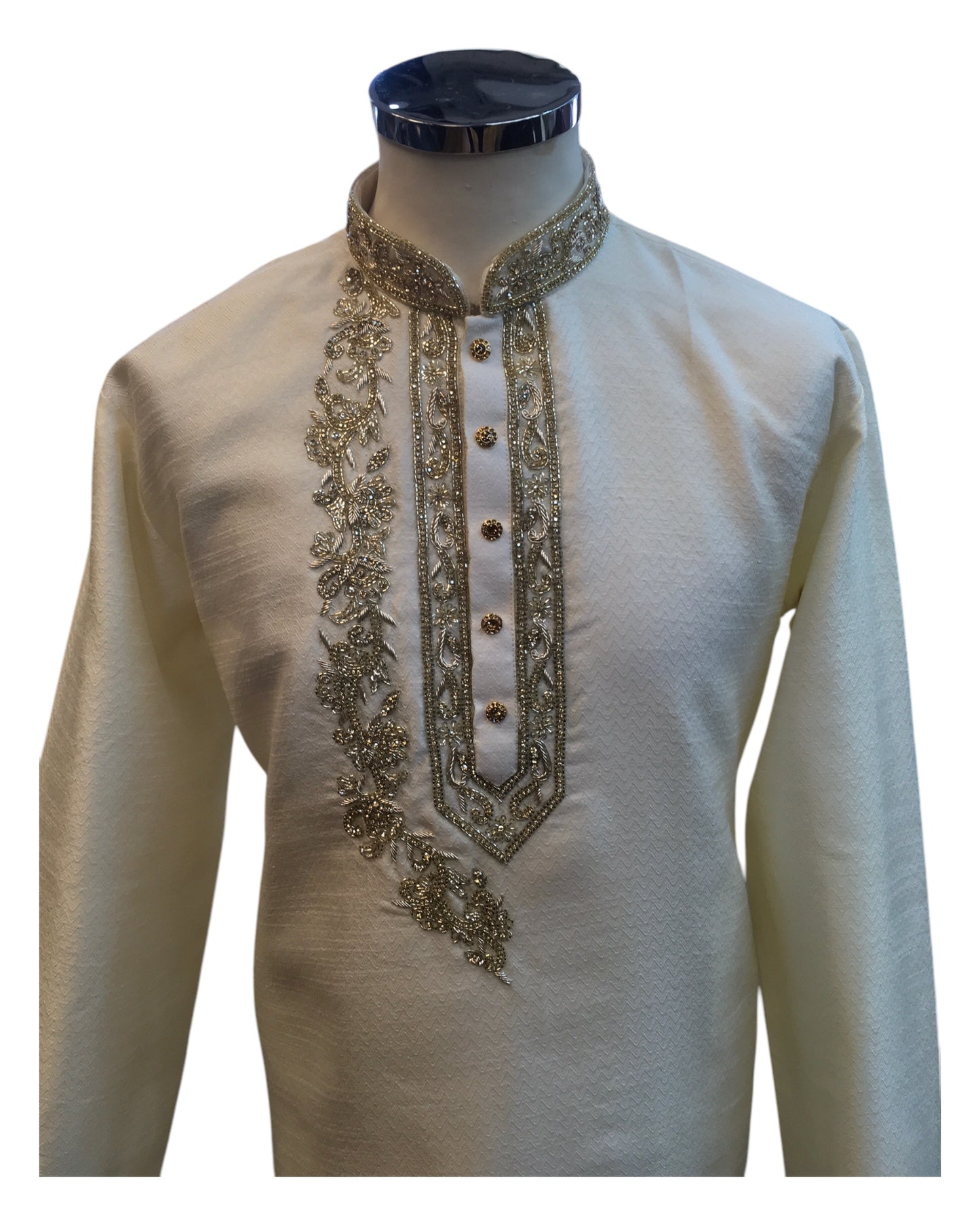 Cream / Light Gold - Rich Silky Mens Indian Kurta set with Hand Embroidery - Weddings / Walimas , Sangeet, Mehndi / Henna , Eid / Diwali - BS2507 01JV25