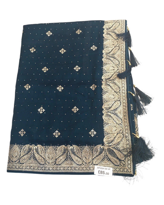 Teal - Silky - Party Wear Embroidered Saree with Blouse Piece - SP250409 VP