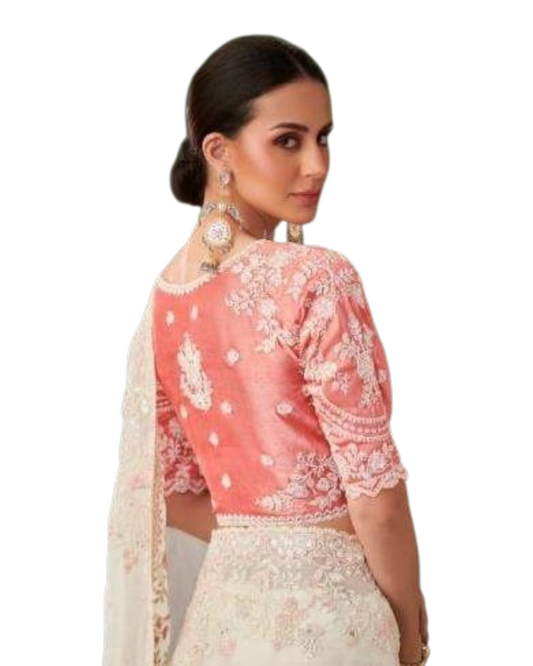 Off White - Fancy Saree with contrast Blouse Piece - UK stock - 24hr Dispatch - TFH205TT