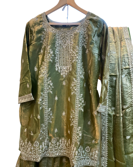 UK 20 / 46" - Olive Green - Ladies Sharara / Palazzo Trousers Suit - UK Stock - Sangeet / Henna / Weddings - OC8049 PT