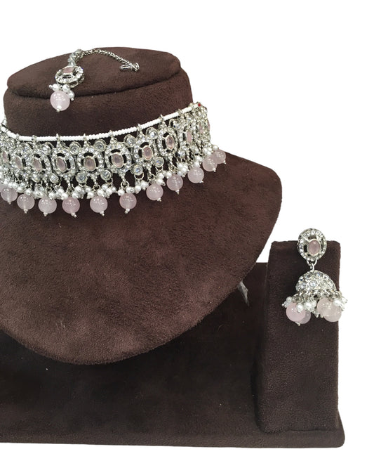 Pink - Medium Size Silver Finish Choker Necklace Set with Earrings - RAK149 C 0424