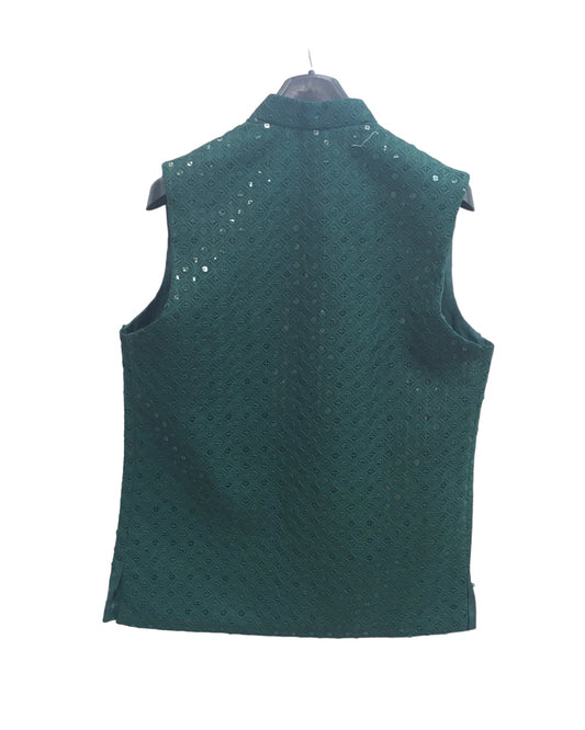 Green - Rich Lucknowi Sequins Mens Waistcoat - Bollywood - KCS4009 VY 0324