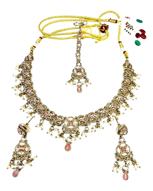 Pink - Medium Size Antique Gold Finish Necklace Set with Earrings & Tika Head piece - SAJ04 08C25