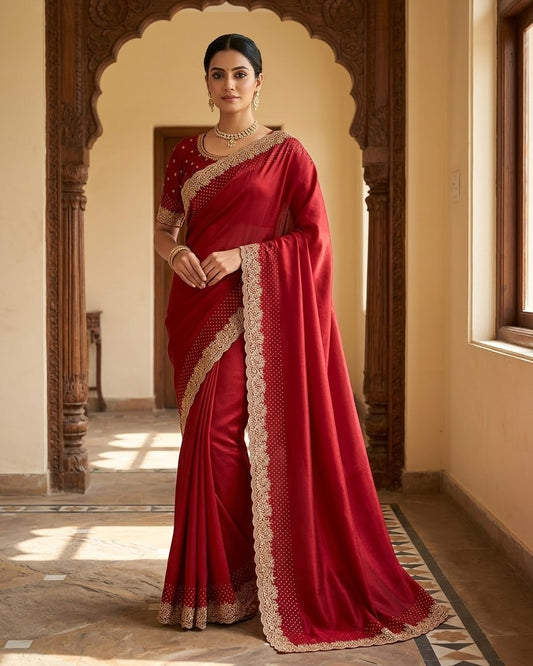Maroon - Saree with Thread / Stone Work and Blouse Piece - UK stock - 24hr Dispatch - SP2612 KR
