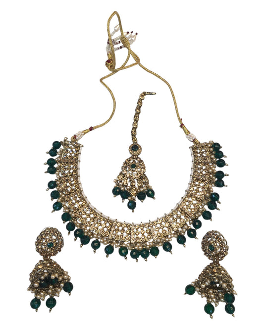 Green - Large Size Antique Gold Finish Necklace Set with Earrings - JIG49 11H24