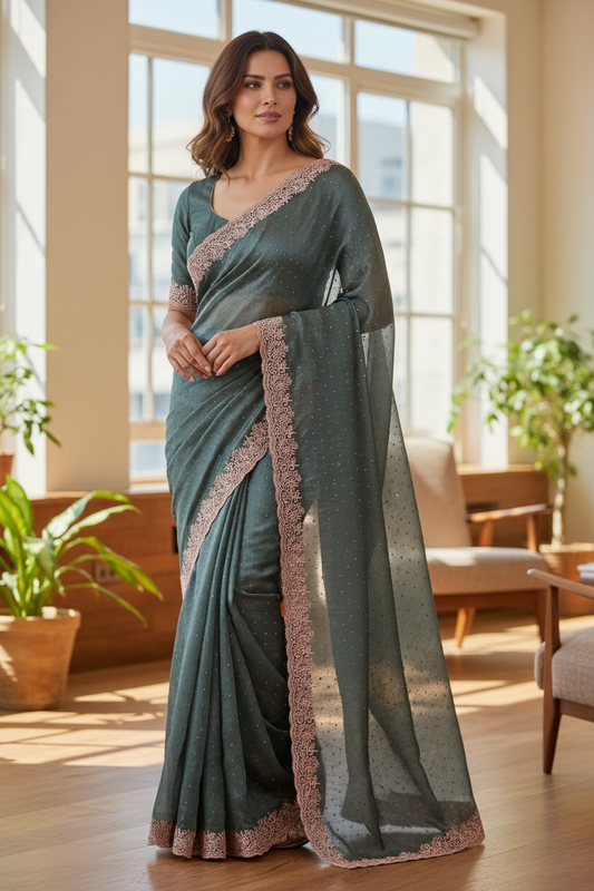 Sage Green - Chiffon - Fancy Party Saree with Blouse Piece - 11KP24 SP2423