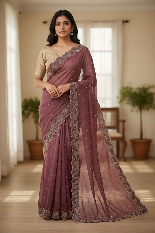 Dusty Pink - Rich Saree with Stone Work Border and Blouse Piece - UK stock - 24hr Dispatch - RS2532 TC