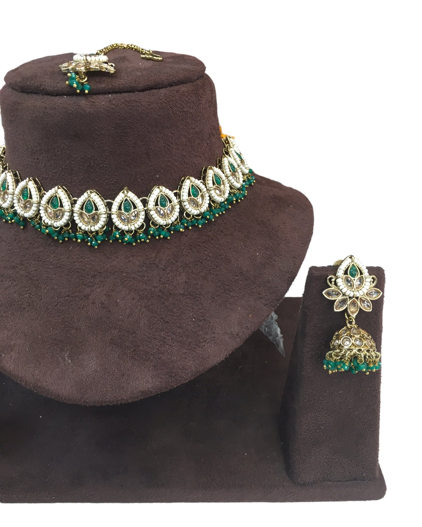 Green - Medium Size Antique Gold Finish Necklace Set with Earrings - RAK122 R 0424