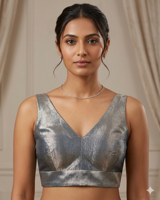 Light Grey / Silver - Silky Saree blouse with cups, Sleeveless - 42" - UK Stock - Quick Delivery - RNK - R722A-KY
