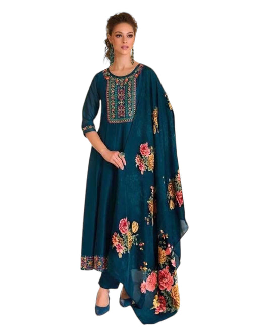 Teal - Simple / Classy Ladies Indian Trousers Suit with Printed Dupatta - Size 12 (38") - LL22601 VV 1024
