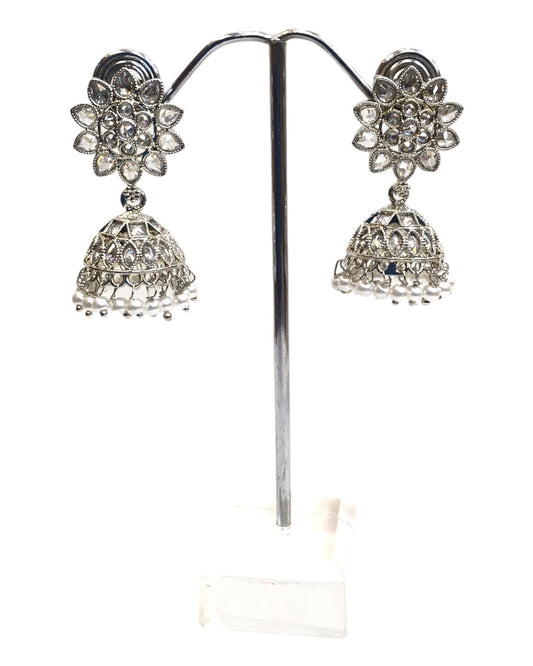 Clear - Small Silver Finish Traditional Zhumki Earrings - Bollywood - Weddings - OMJ2124 J 1023