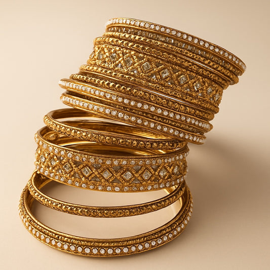 Gold Stone and Pearl - Antique Gold Finish Bangles Set (Set of 18) - UK stock - SM, M, L, XL JAN2611 05P25