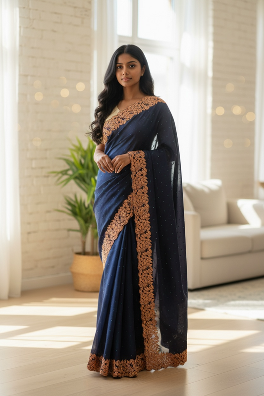 Cobalt Blue - Soft Crepe - Stone Work Saree with Blouse Piece - UK stock - 24hr Dispatch - RS2540 TV