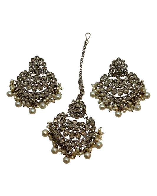 Pearl / Neutral - Large Size Antique Gold Finish Necklace Set with Earrings & Head Piece - Bollywood - AE2514 08KY25