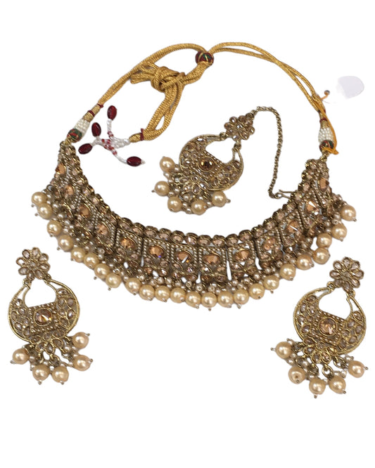 Gold / Neutral - Large Size Antique Gold Finish Necklace Set with Earrings - VC1553 KV 0424