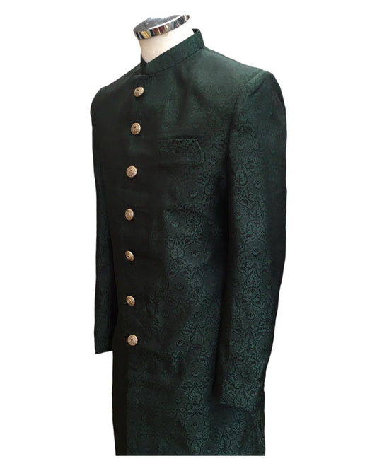 Racing Green - Classic Self Brocade Sherwani with Gold Buttons - BS786 JP 0824