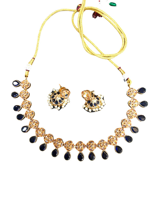 Navy Blue - Medium Size Gold Finish Necklace Set with Earrings - TOH2403 Cp 0424