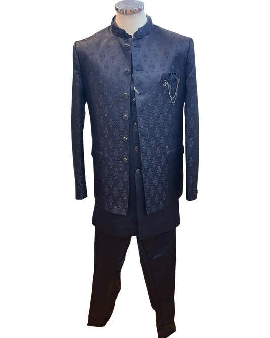 Navy Blue - PREMIUM Slim Fit Mens Self Brocade BandhGala / Prince / Chinese Collar Jacket with Long inside Waistcoat - Fantastic Fit - CS2505 03PY25