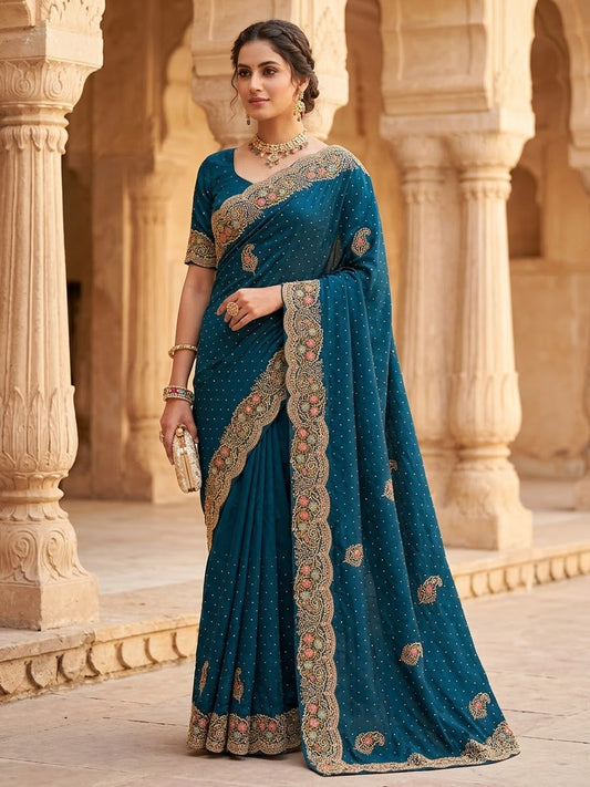 Dark Petrol Blue - Fancy Party Saree with Blouse Piece - UK stock - 24hr Dispatch - SP2610 VK