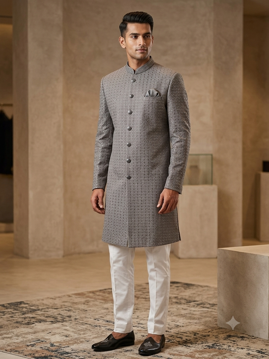 SALE ! Grey with Self Sequins Fully Embroidered Soft Sherwani Set - UK Stock - 24h Dispatch - Spark20 JY 0324