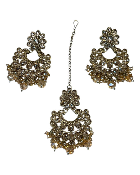 Champagne / Crystal - Large Size Antique Gold Finish Long Necklace Set with Earrings - RAK408 KY 0525