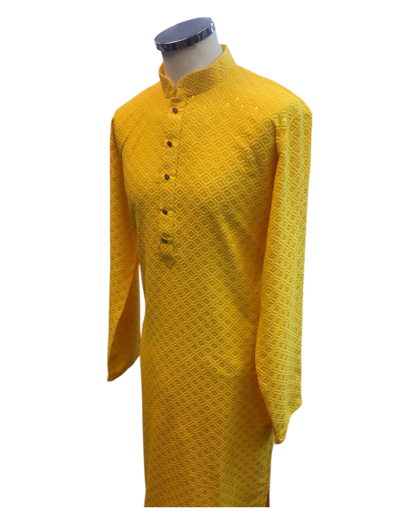 Haldi Yellow - Locknawi Chikankari Chiffon Self Brocade Mens Indian Kurta set - Weddings / Walimas , Sangeet, Mehndi / Henna , Eid / Diwali - BS2505 01TY25