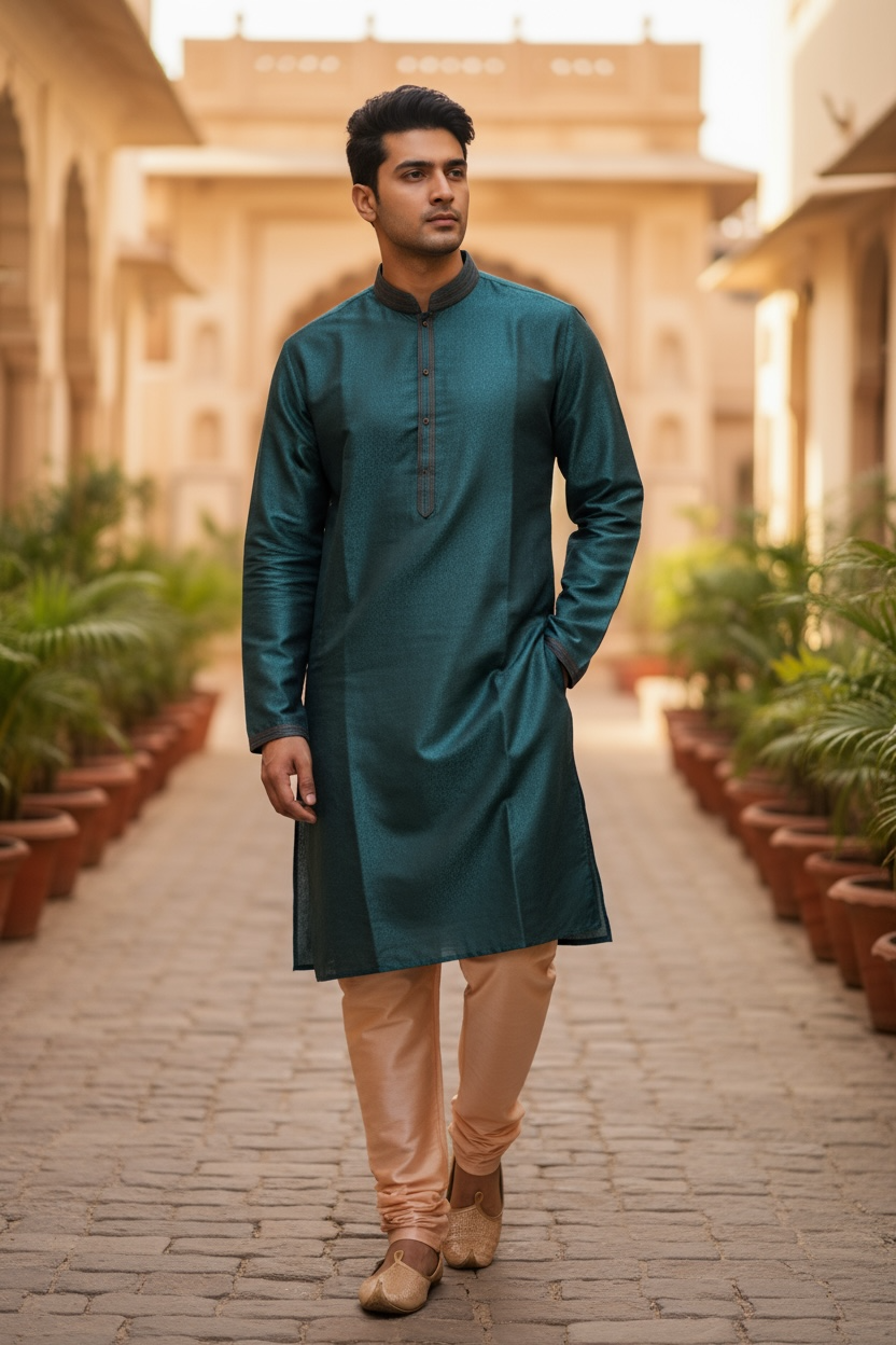 Dark Teal - Silky Mens Indian Kurta set - UK Stock - Ideal to Pair with a Waistcoat - VEE2483 KH