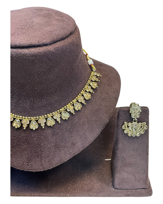 Pink - Small Size Antique Gold Finish Necklace Set - AE2504 R 0525