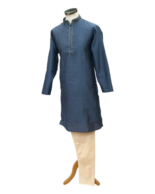 Dark Blue - Cotton Silky Self Brocade Mens Kurta Set - Sangeet Mehendi Haldi - KCS1173 KK 1123