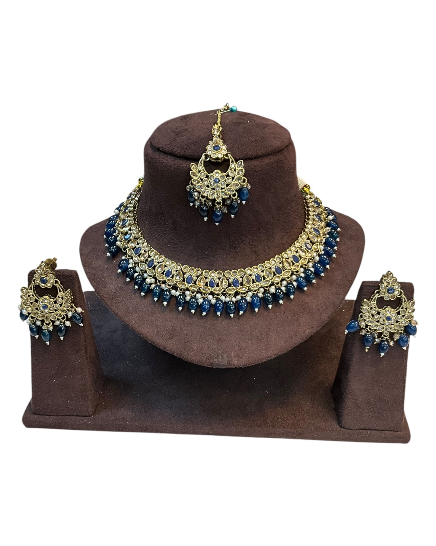 Navy Blue - Medium Size Antique Gold Finish Necklace Set with Earrings - RZ31 KYp