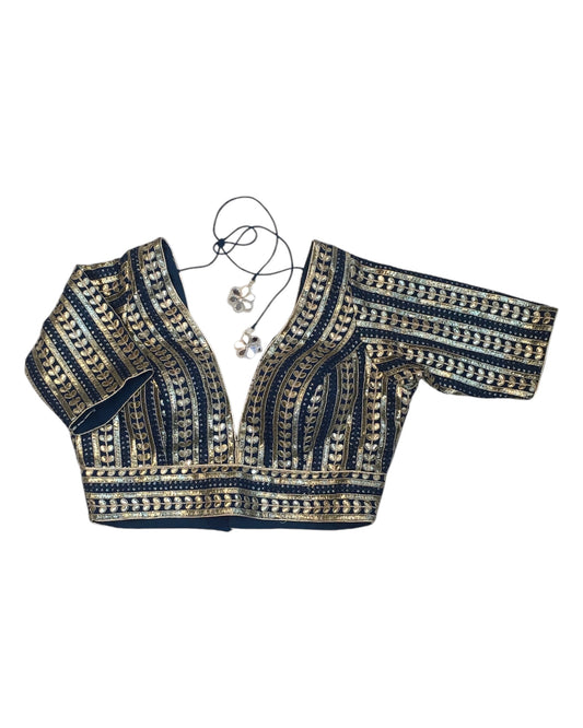 Petrol Blue - Fully Embroidered Low Front and Back Gota Patti Saree / Lehenga blouse - 36" Bust (UK 10) Can be let out to size 14 - B214 01KP25