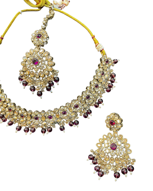 Purple / Plum - Large Size Antique Gold Finish Necklace Set with Earrings & Head Piece - JIG111 04Cp26