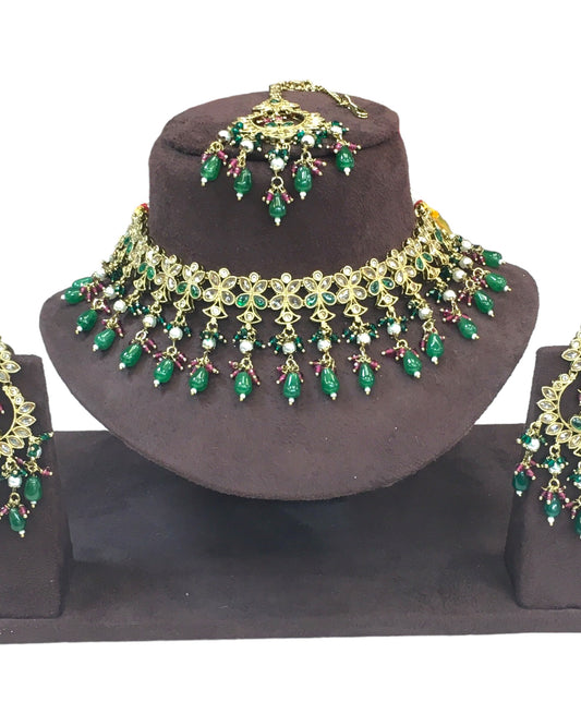 Green - Large Size Antique Gold Finish Necklace Set with Earrings - HB999 KT 0424